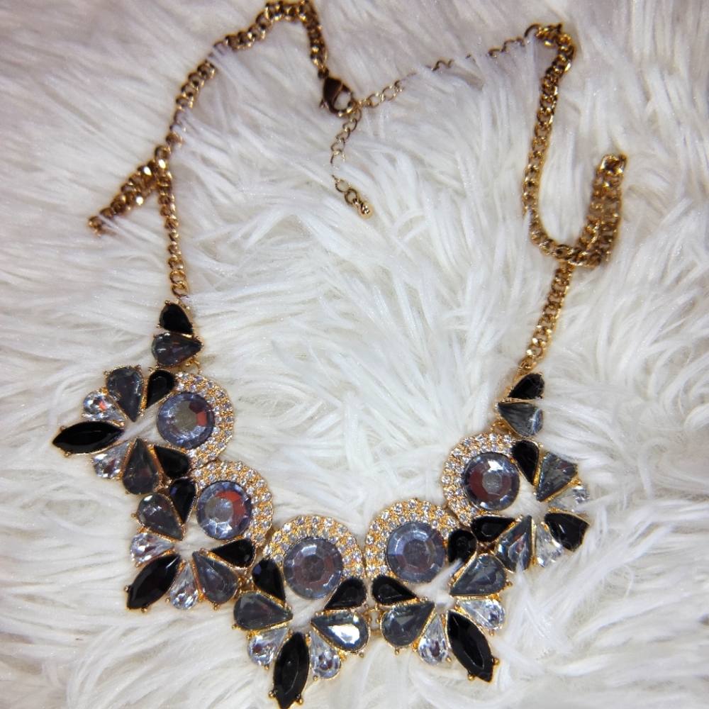Gold Necklace Black, Smokey & Clear Stones